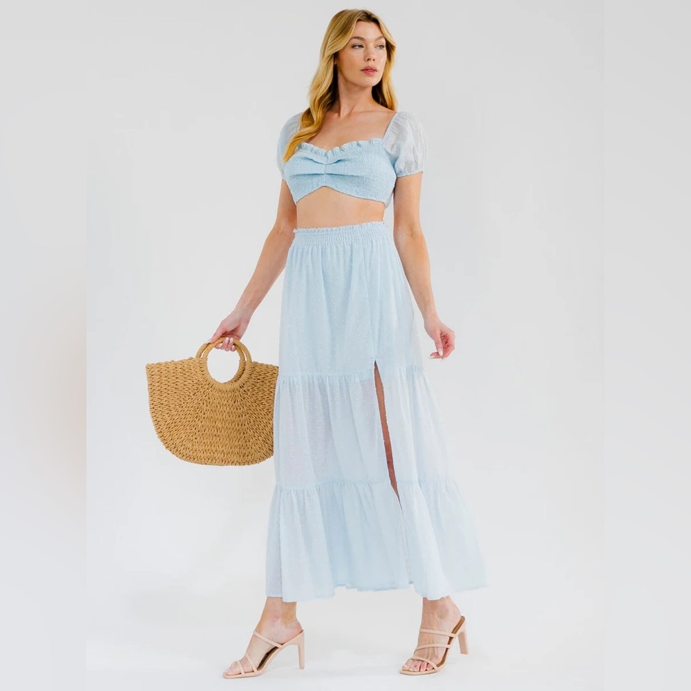 066 • Light Blue Tiered Maxi Skirt and Top Set | Top Maxi Skirt Swiss Dots Set